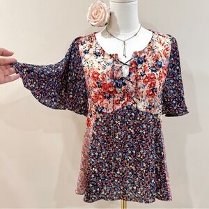 Anthro HD in Paris Cottage Lace-Up Floral Boho Patchwork Flutter Sleeve Top Sz S
